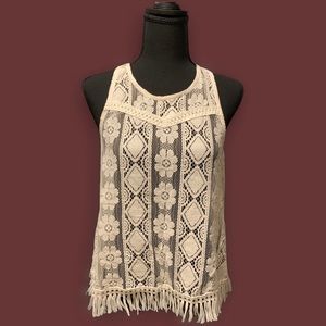 Ivory Lace Racerback Fringed Tank Unlined